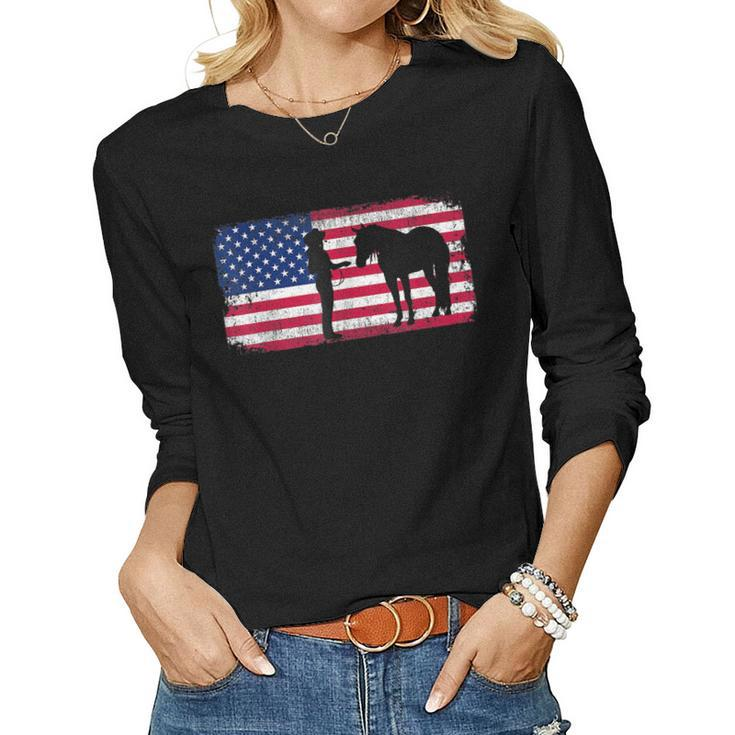 Halter Horse Western Horse Showmanship American Flag Women Long Sleeve T-shirt