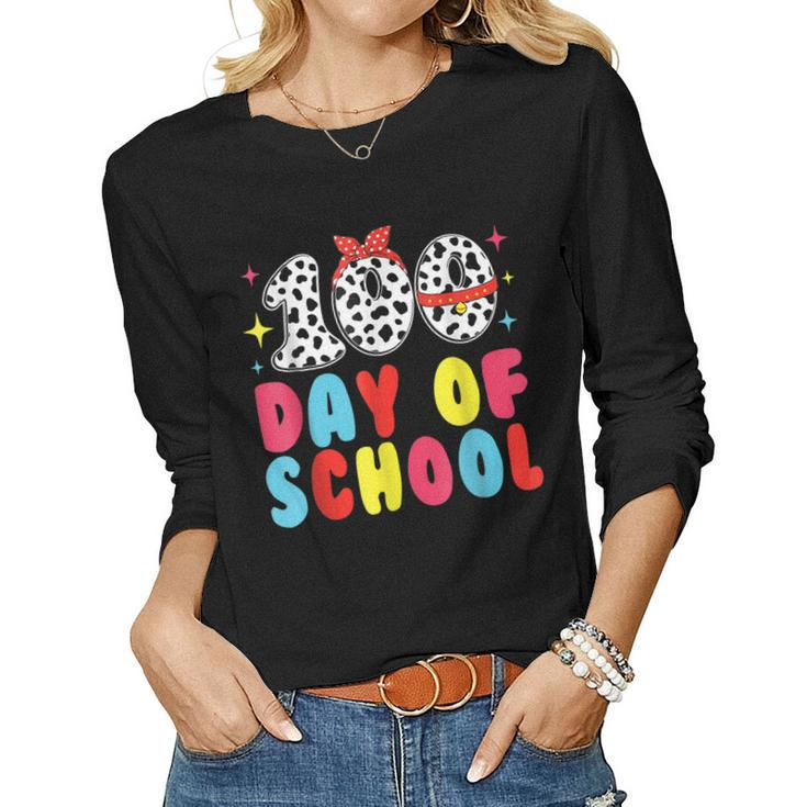 Happy 100 Day Of School Students Kids Dalmatian Dog Teachers  Women Graphic Long Sleeve T-shirt