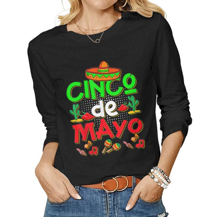 Happy Cinco De Mayo Colorful Sombrero Cactus Mexican Party Women Long Sleeve T-shirt