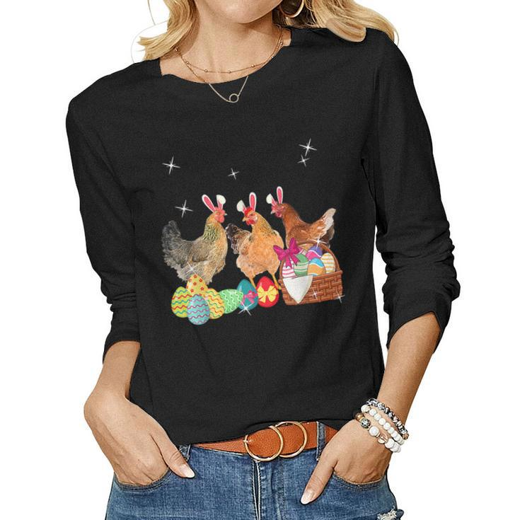 Happy Easter Three Chicken Wearing Bunny Ear Chicken Lover  Women Graphic Long Sleeve T-shirt