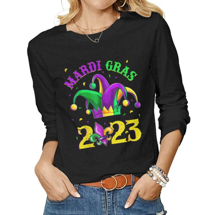 Happy Mardi Gras 2023 Jester Outfit Kids Girl Boy Men Women  Women Graphic Long Sleeve T-shirt