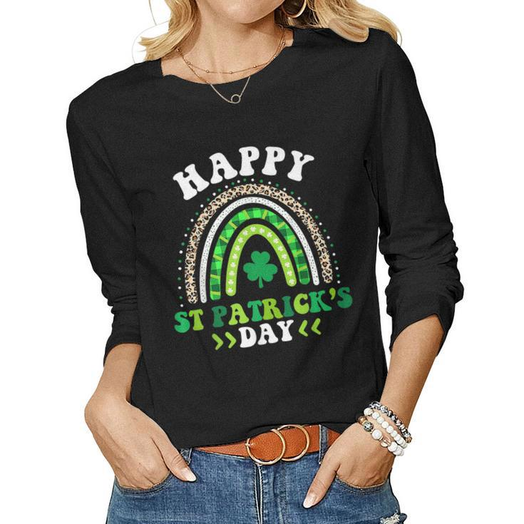 Happy St Patricks Day Leopard Print Rainbow Shamrock Irish   V6 Women Graphic Long Sleeve T-shirt