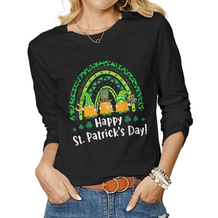 Happy St Patricks Day Rainbow Gnome Lucky Leopard Shamrock  Women Graphic Long Sleeve T-shirt