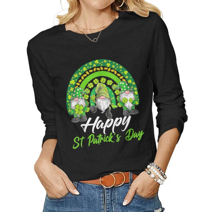Happy St Patricks Day Shamrock Rainbow Three Gnomes Lucky  Women Graphic Long Sleeve T-shirt