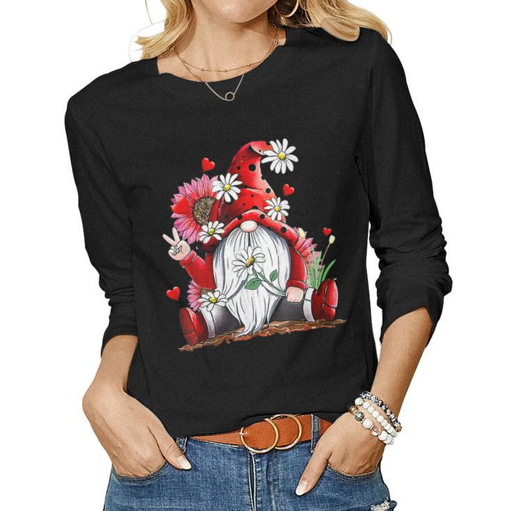 Happy Valentines Day Gnome With Leopard Sunflower Valentine Women Graphic Long Sleeve T-shirt