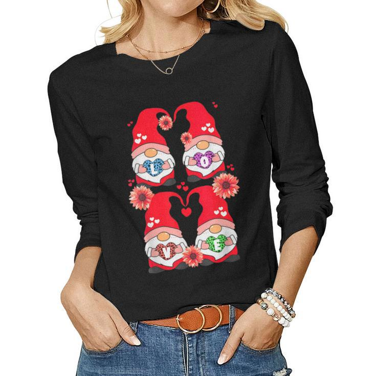 Happy Valentines Day Gnome With Leopard Sunflower Valentine  Women Graphic Long Sleeve T-shirt