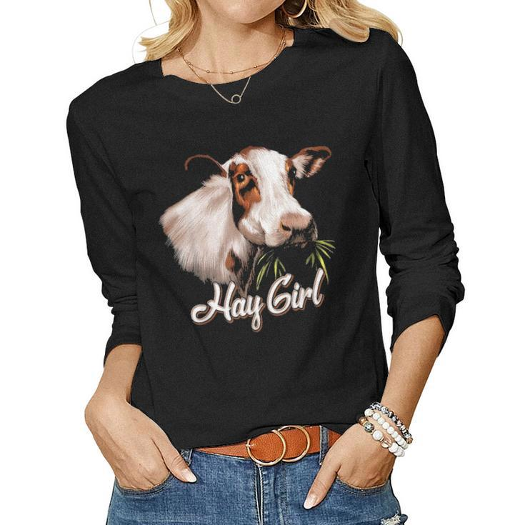Hay Girl Funny White Cow Mom  Kids Girls Women Women Graphic Long Sleeve T-shirt