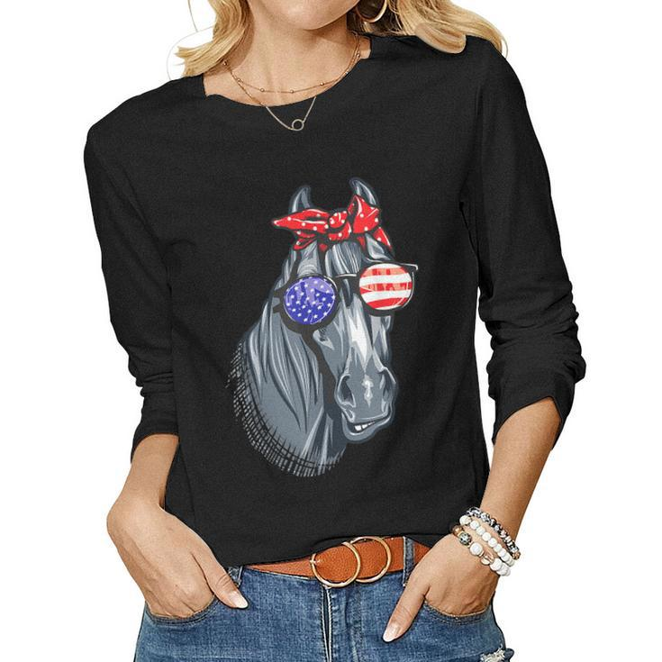 Horse 4Th Of July Women Horse Graphic American Flag Women Long Sleeve T-shirt
