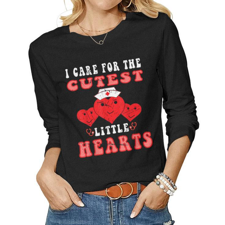 I Care For The Cutest Little Hearts Groovy Nurse Valentines  V2 Women Graphic Long Sleeve T-shirt