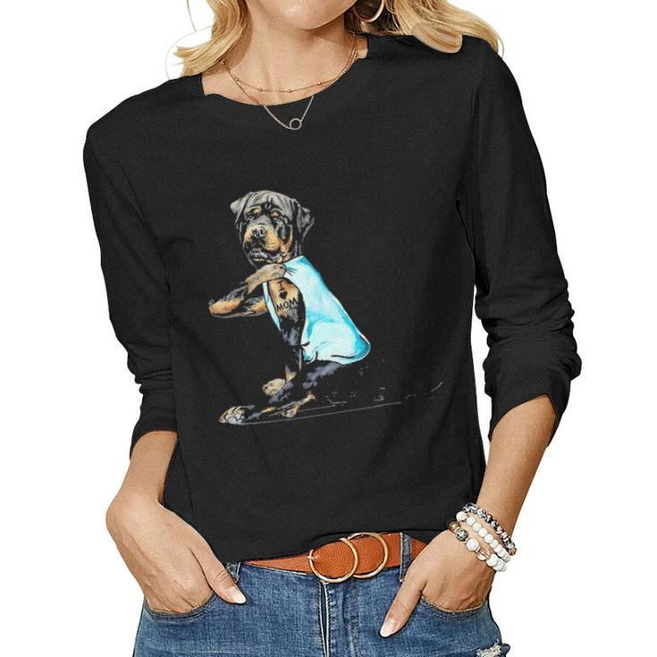 I Love Mom Funny Rottweiler Tattooed Women Graphic Long Sleeve T-shirt