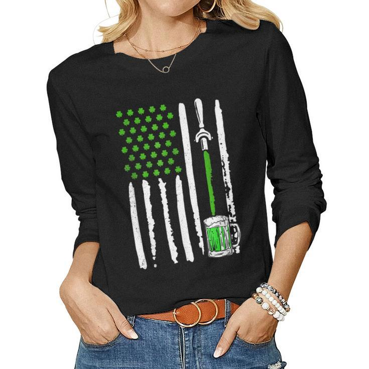 Irish American Flag Draft Beer Shamrock St Patricks Day  Women Graphic Long Sleeve T-shirt
