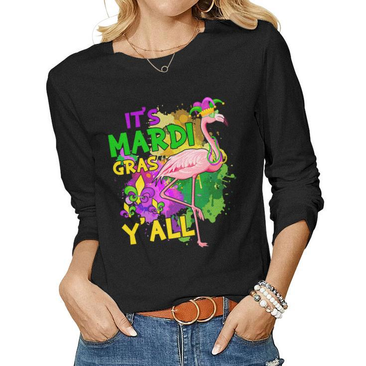 Its Mardi Gras Yall Jester Flamingo Mask Beads Outfits   Women Graphic Long Sleeve T-shirt
