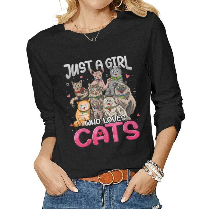 Just A Girl Who Loves Cats  Cute Cat Lover Cat Mom Girl  Women Graphic Long Sleeve T-shirt