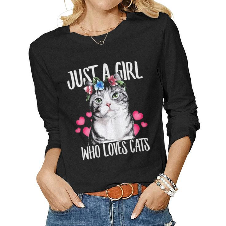 Just A Girl Who Loves Cats Lover Dad Mom Floral Crown Women Graphic Long Sleeve T-shirt