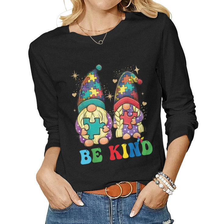 Be Kind Autism Gnomes Sunflower Autism Awareness Month 2023 Women Long Sleeve T-shirt