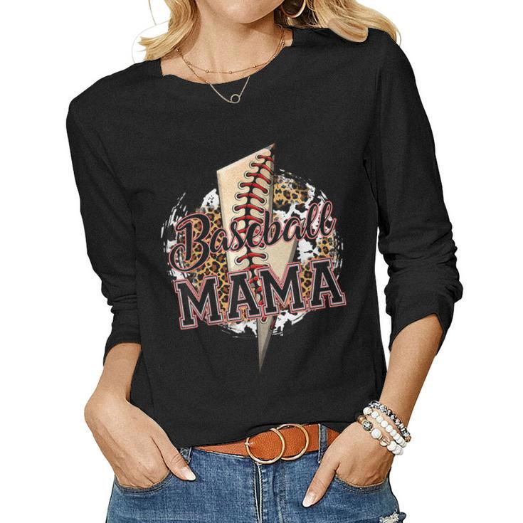Leopard Baseball Mama Lightning Bolt Sport Mom Mothers Day  Women Graphic Long Sleeve T-shirt