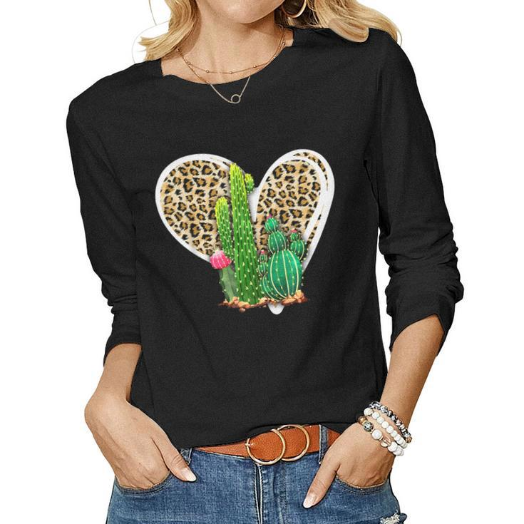 Leopard Heart Cactus Valentines Day For Women Women Long Sleeve T-shirt