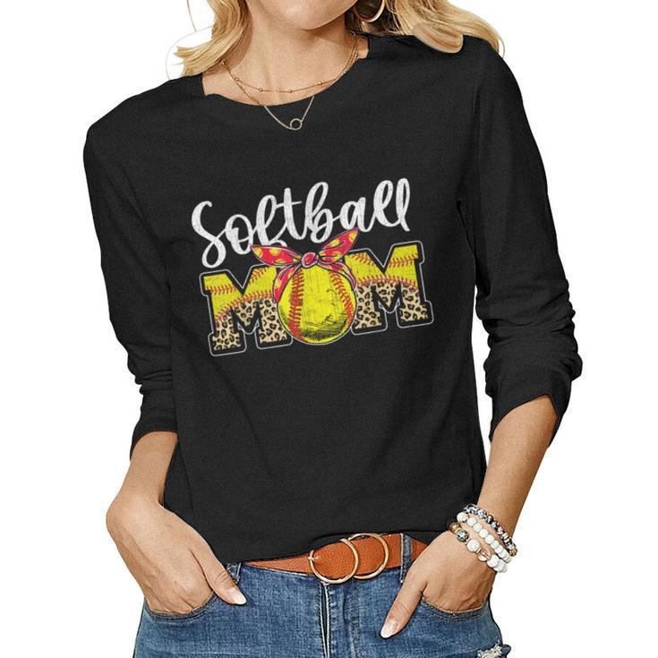 Leopard Softball Mom Headband Softball Ball Mama Women Long Sleeve T-shirt