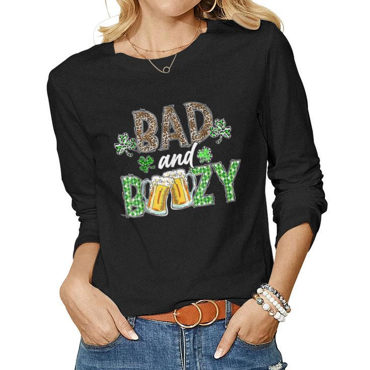 Leopard St Patricks Day Bad And Boozy Beer Drinking Irish  Women Graphic Long Sleeve T-shirt