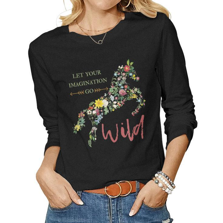 Let Your Imagination Go Wild Botanical Flower Horse Women Long Sleeve T-shirt