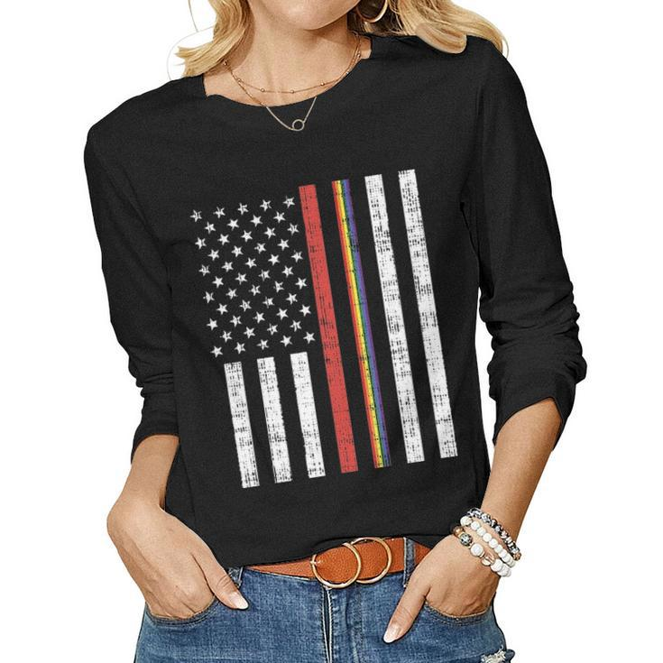 Lgbt Thin Red Line Rainbow America Flag Gay Firefighter Gift Women Graphic Long Sleeve T-shirt