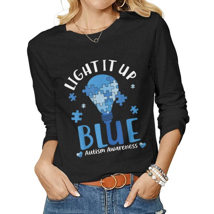 Light Up Blue Autism Awareness Month Puzzle Kids Mom Dad Women Long Sleeve T-shirt