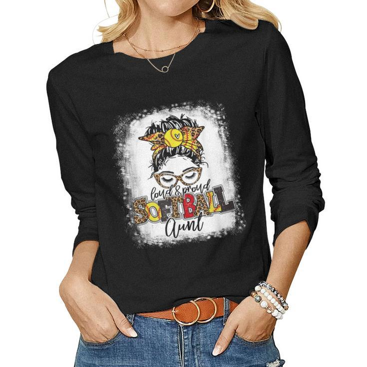 Loud & Proud Softball Aunt Messy Bun Leopard Bleached   Women Graphic Long Sleeve T-shirt