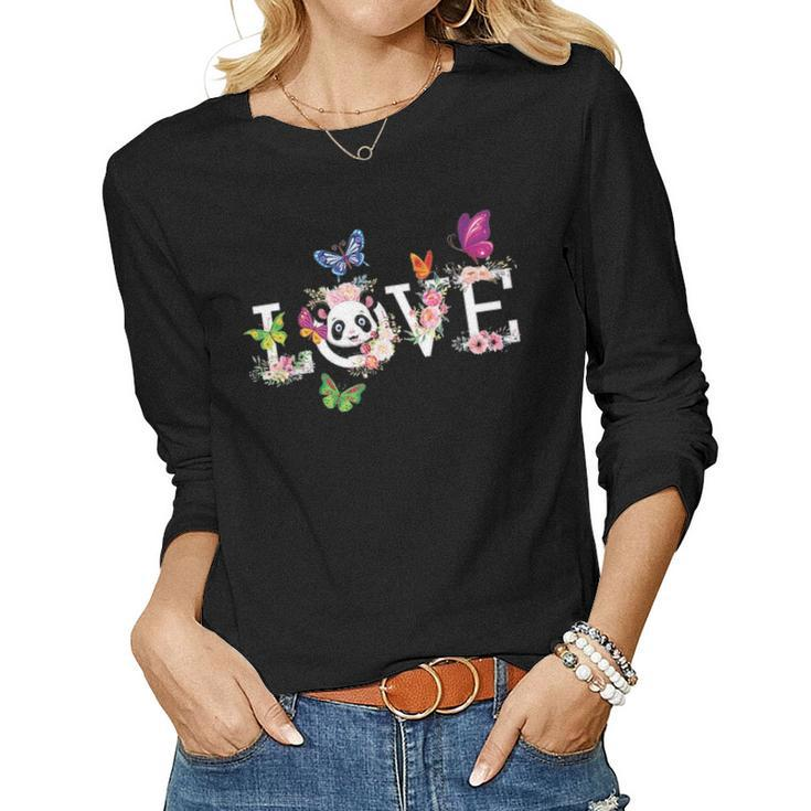 Love Panda Bear Flower Butterfly Cute  Gift For Mom Dad Women Graphic Long Sleeve T-shirt