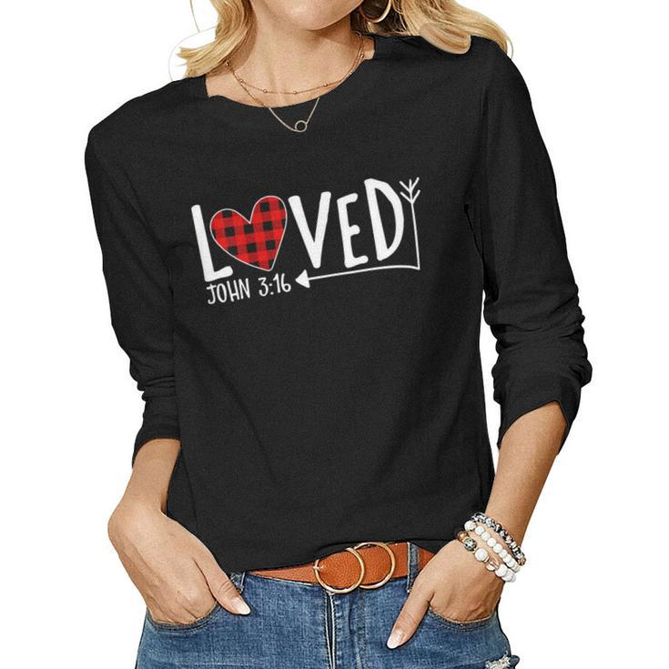 Loved John 316 Red Plaid Heart Christian Valentines Day Women Long Sleeve T-shirt