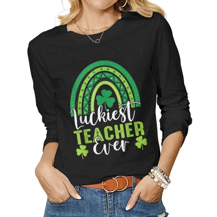 Luckiest Teacher Ever Rainbow Shamrock St Patricks Day  Women Graphic Long Sleeve T-shirt