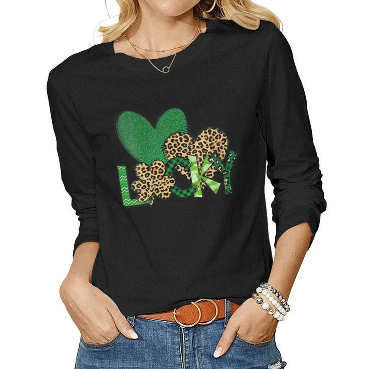 Womens Lucky Green Plaid Shamrock Leopard Heart St Patricks Day Women Long Sleeve T-shirt