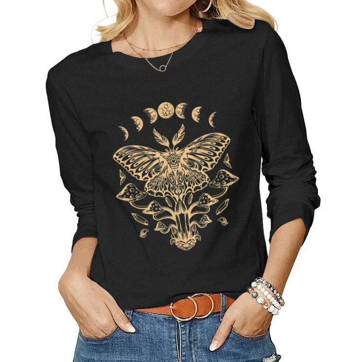 Luna Moth Phases Of The Moon Mushroom Cottagecore  Women Graphic Long Sleeve T-shirt