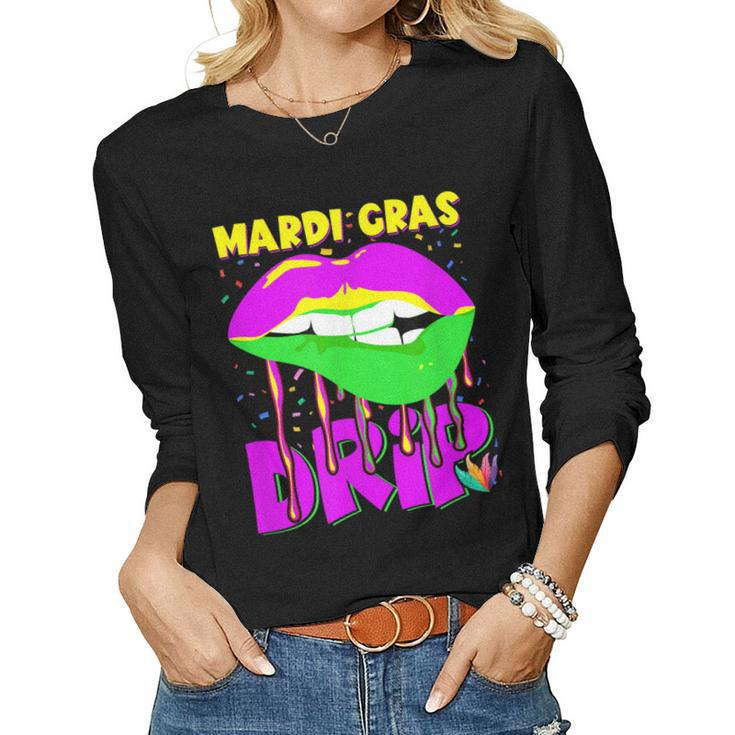Mardi Gras Drip Lips Outfit Costume Women  Women Graphic Long Sleeve T-shirt