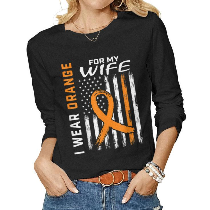 Mens I Wear Orange For My Wife Multiple Sclerosis Awareness Flag Women Graphic Long Sleeve T-shirt