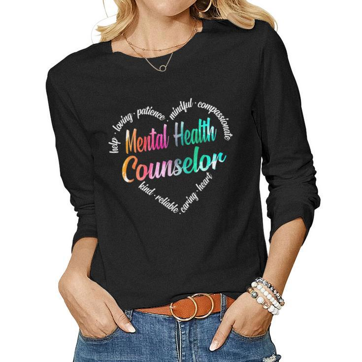 Mental Health Counselor Heart Word Cloud Watercolor Rainbow Women Long Sleeve T-shirt