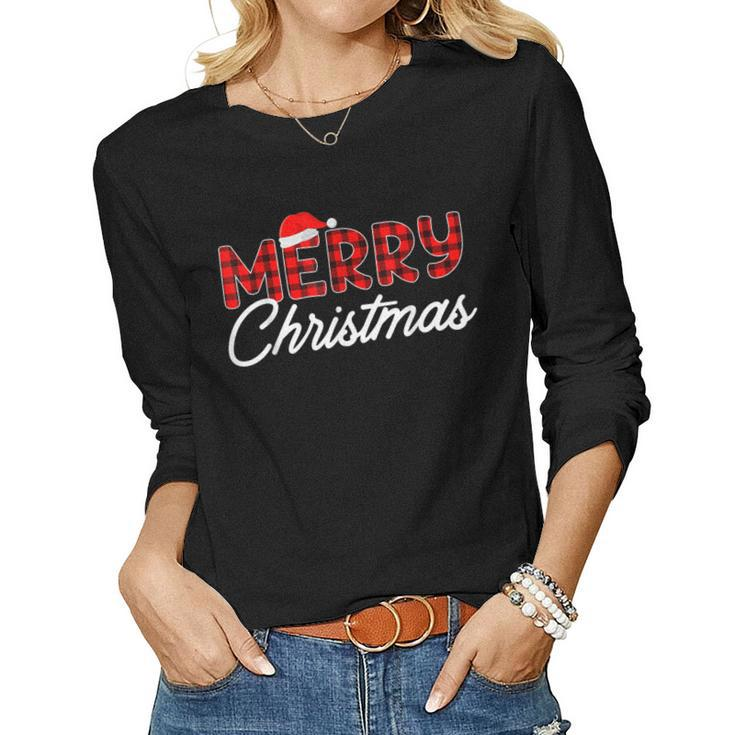 Merry Christmas Buffalo Plaid Red Santa Hat Xmas Pajamas  V2 Women Graphic Long Sleeve T-shirt