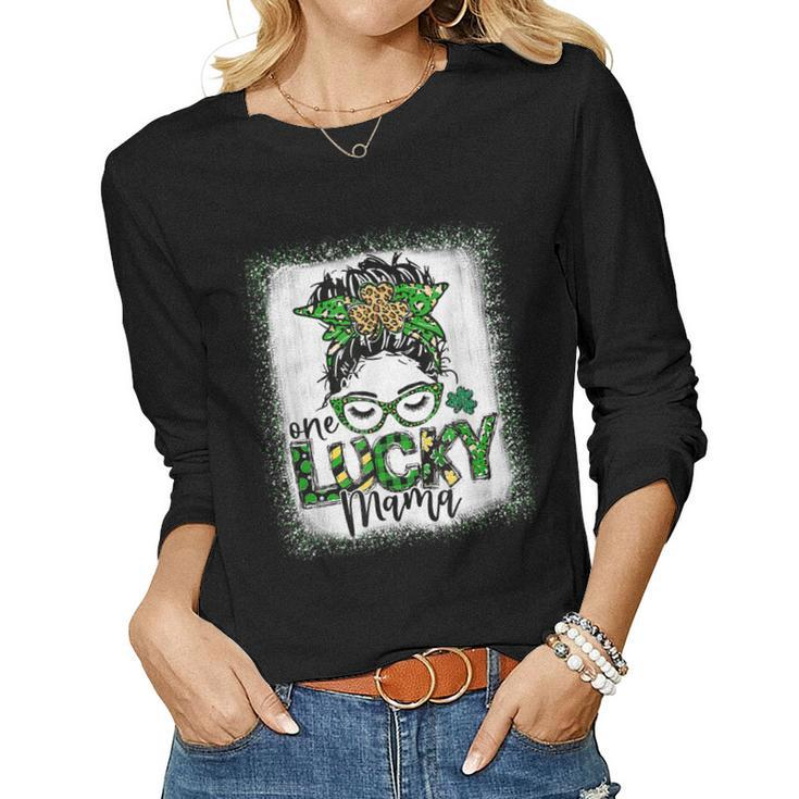 Messy Bun Leopard St Patricks Day One Lucky Mama Bleached  Women Graphic Long Sleeve T-shirt