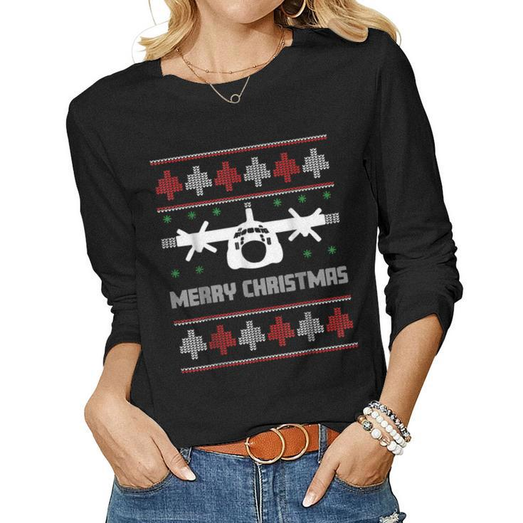 Military Airplane Ugly Christmas Sweater Army Veteran Xmas  Women Graphic Long Sleeve T-shirt
