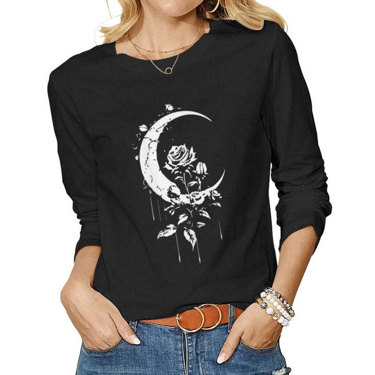 Womens Moon Rose Night Sky Celestial Nature Wicca Pagan Aesthetic Women Long Sleeve T-shirt