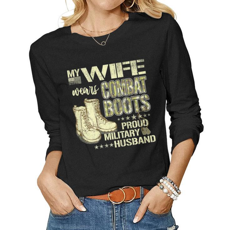 My Wife Wears Combat Boots Dog Tags Proud Military Husband  Women Graphic Long Sleeve T-shirt