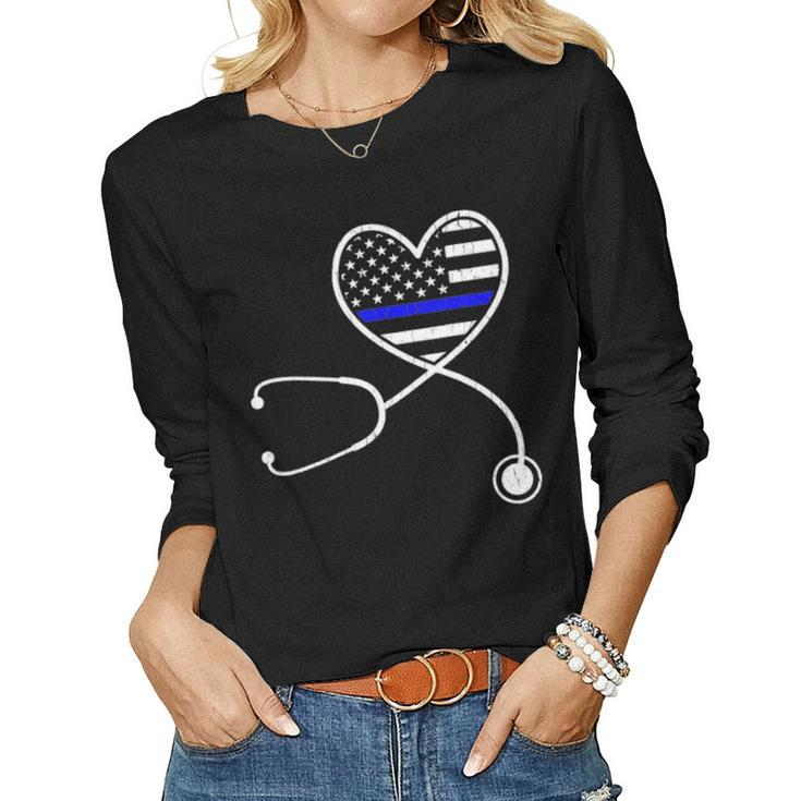 Nurse Life Police Wife The Thin Blue Line Family Women Graphic Long Sleeve T-shirt