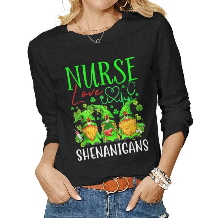 Nurses Love Shenanigans Funny Gnomes Nurse St Patricks Day  V3 Women Graphic Long Sleeve T-shirt