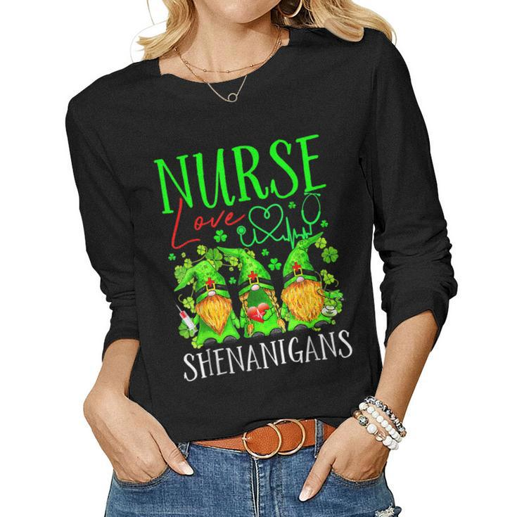 Nurses Love Shenanigans Funny Gnomes Nurse St Patricks Day  V8 Women Graphic Long Sleeve T-shirt