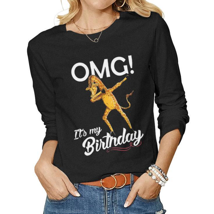 Omg Its My Birthday Dabbing Giraffe Dab Dance Women Graphic Long Sleeve T-shirt