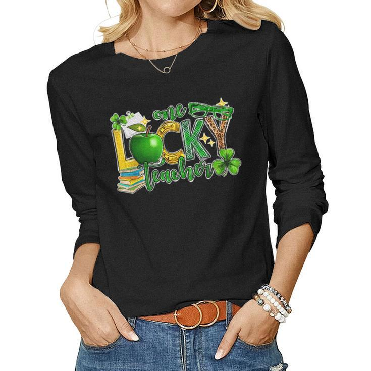 One Lucky Teacher Shamrock Clover Leopard St Patricks Day  Women Graphic Long Sleeve T-shirt