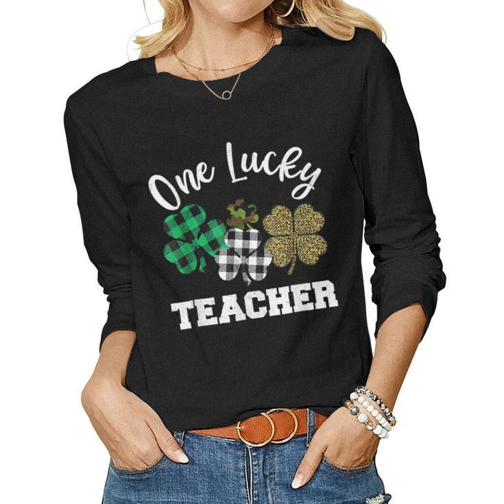 One Lucky Teacher Shamrock Leopard Plaid St Patricks Day  Women Graphic Long Sleeve T-shirt