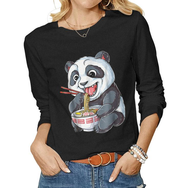 Panda Eating RamenKawaii Giant Japanese Noodle Women Long Sleeve T-shirt