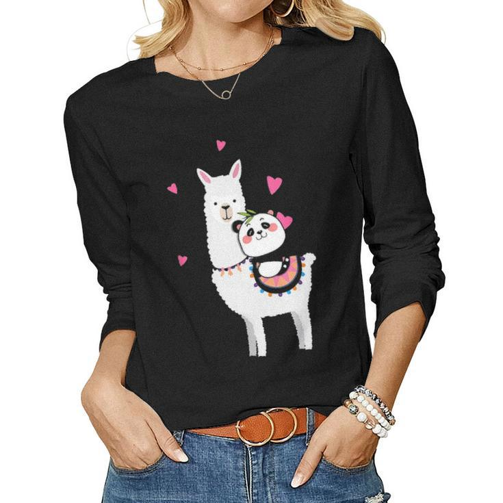 Panda Riding Llama Best Friends Alpaca Animal Lover Gift Women Graphic Long Sleeve T-shirt