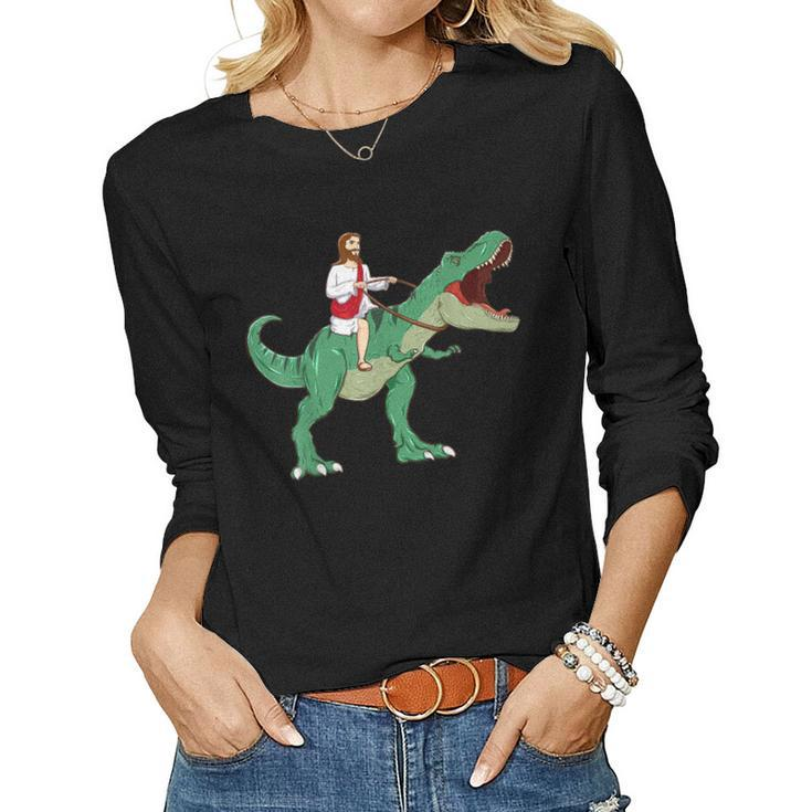 Parody Jesus Riding Dinosaur Meme Dino Lover Believer Women Long Sleeve T-shirt