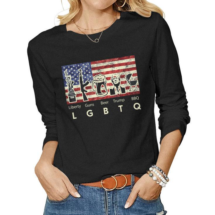 Parody Trump Lgbtq Liberty Guns Beer Bbq American Usa Flag Women Long Sleeve T-shirt
